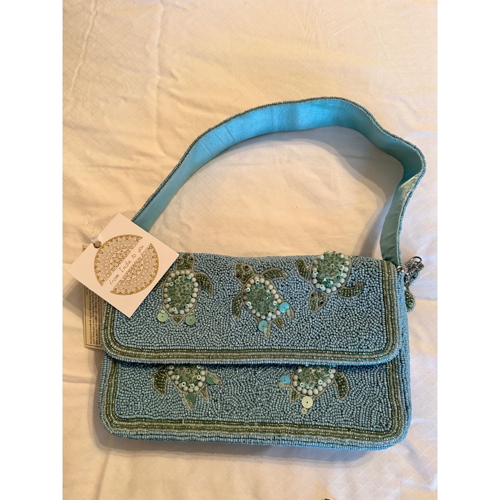 From India To You Beaded Sea Turtle Shoulder Bag Turquoise Blue Sequin New